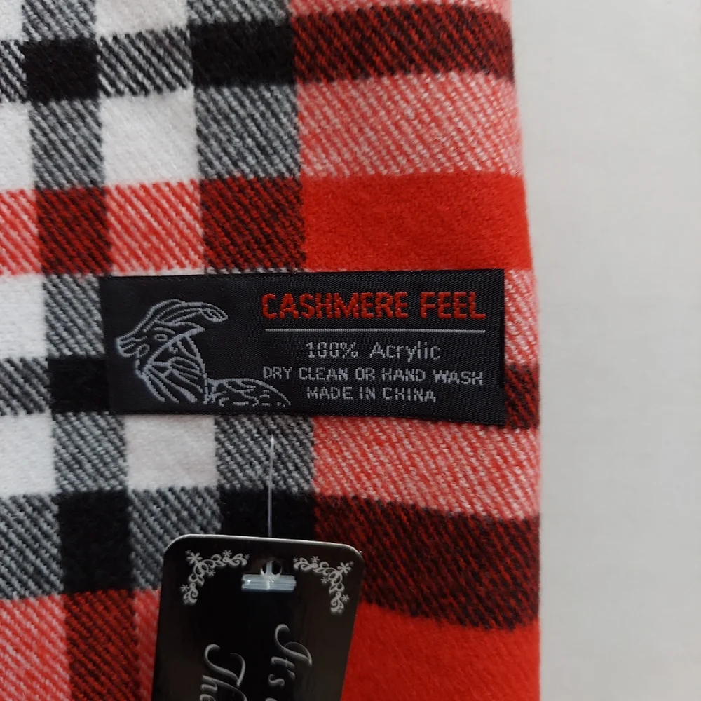 Cashmere Feel Red Plaid Scarf 100% Acrylic Soft Fringe Tartan Wrap Blanket NWT